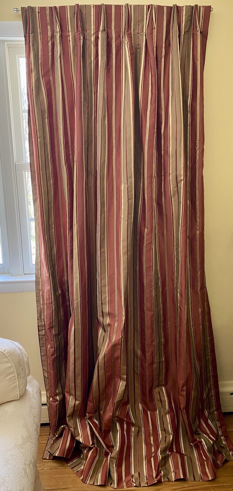 Pair Custom Silk Pinch Pleated Curtain Drapes Inter Lined Rust Gold Stripe 92×34