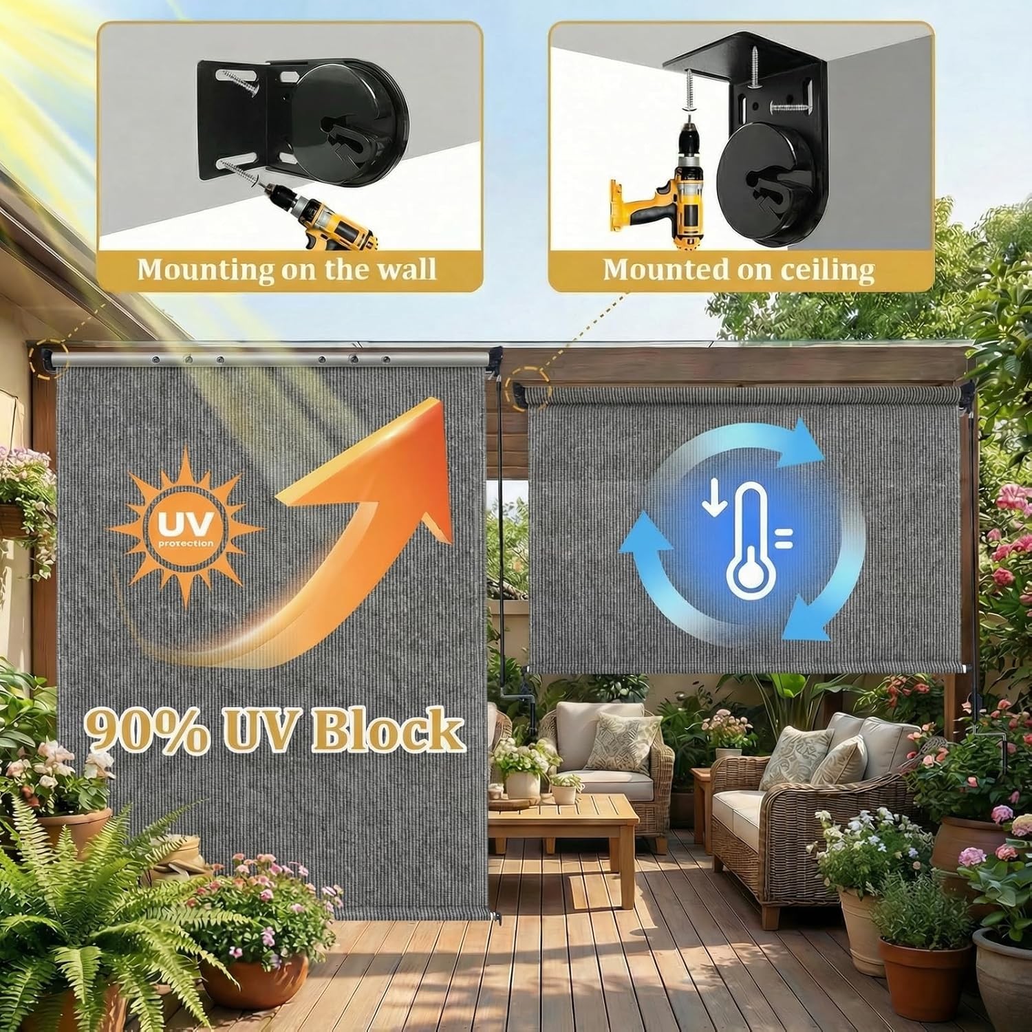 Outdoor Roller Shade 10′ W X 8′ H, 220GSM HDPE Breathable Sun Shades Outdoor