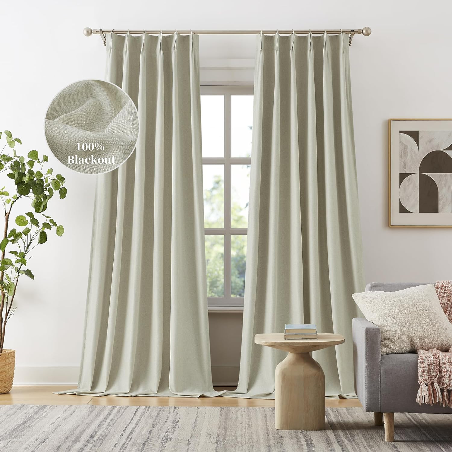 132″ Blackout Pinch Pleated Curtains, Linen Blend Thermal Drapes, 2 Panels