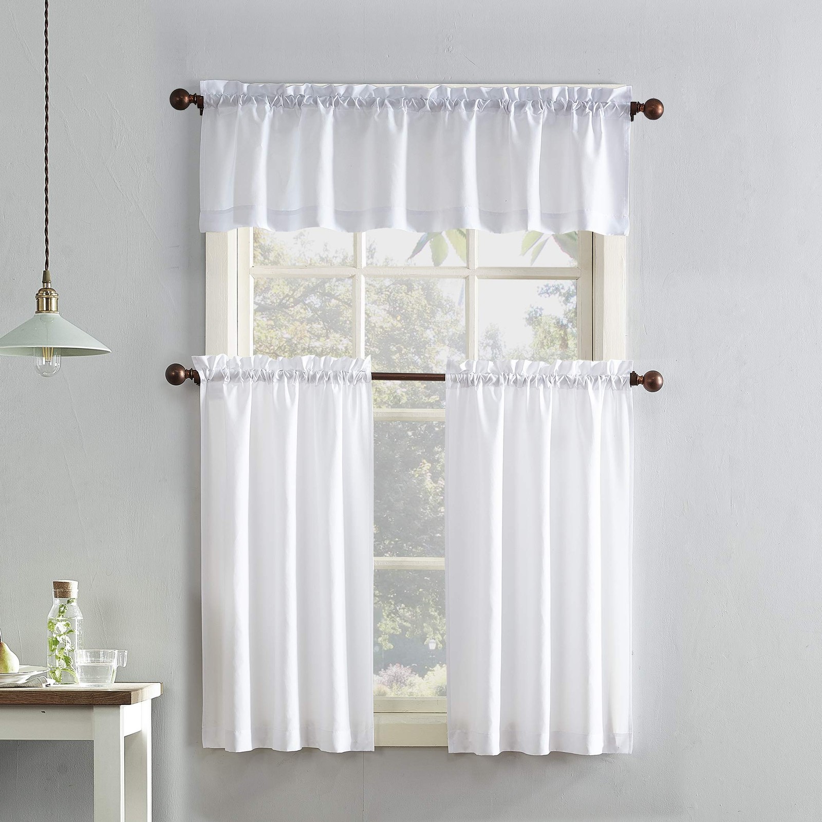 No 918 Martine White Microfiber Semi Sheer Kitchen Curtain Set 24×54 Inches