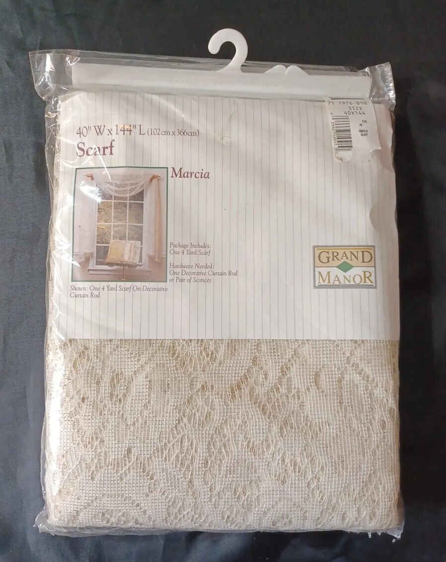 VINTAGE NOS WINDOW SCARF LACE EGGSHELL CREAM MARCIA GRAND MANOR 40″ W X 144 ” L