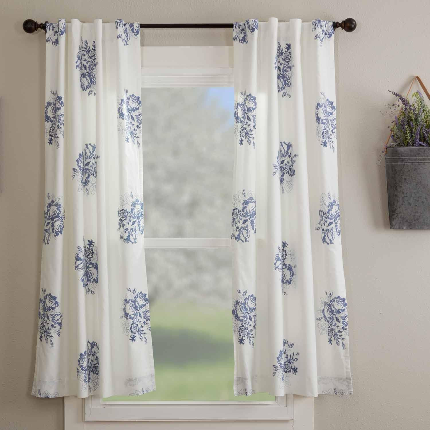 Lydia Blue Floral Curtains, Set of 2, 63″x36″, Vintage Farmhouse Style