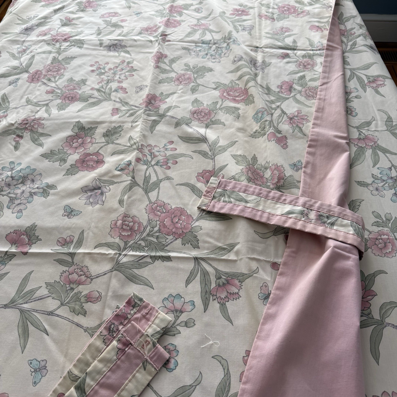 VTG SET 3 Floral Butterfly Lined Curtain Panels Retro 80s Tie Backs 88” L READ