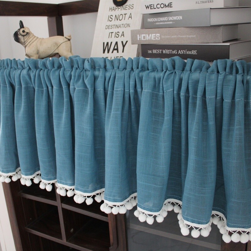 Ruffled Cafe Curtain Pompoms Balls Trim Home Kitchen Half Curtains Village Decor