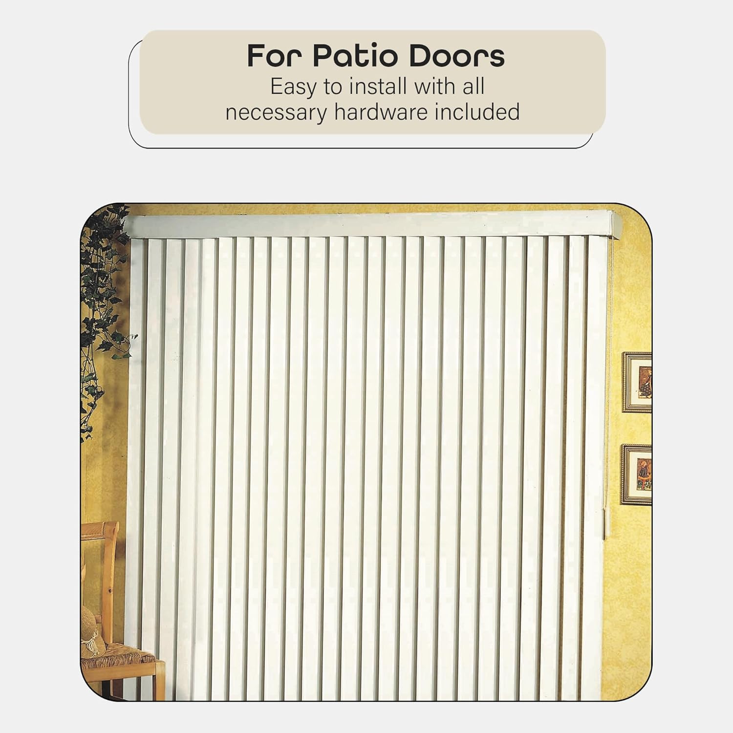 Vertical Hard Window Patio Blinds – White, 84″ L X 78″ W Plain & 3-1/2-Inch Vane