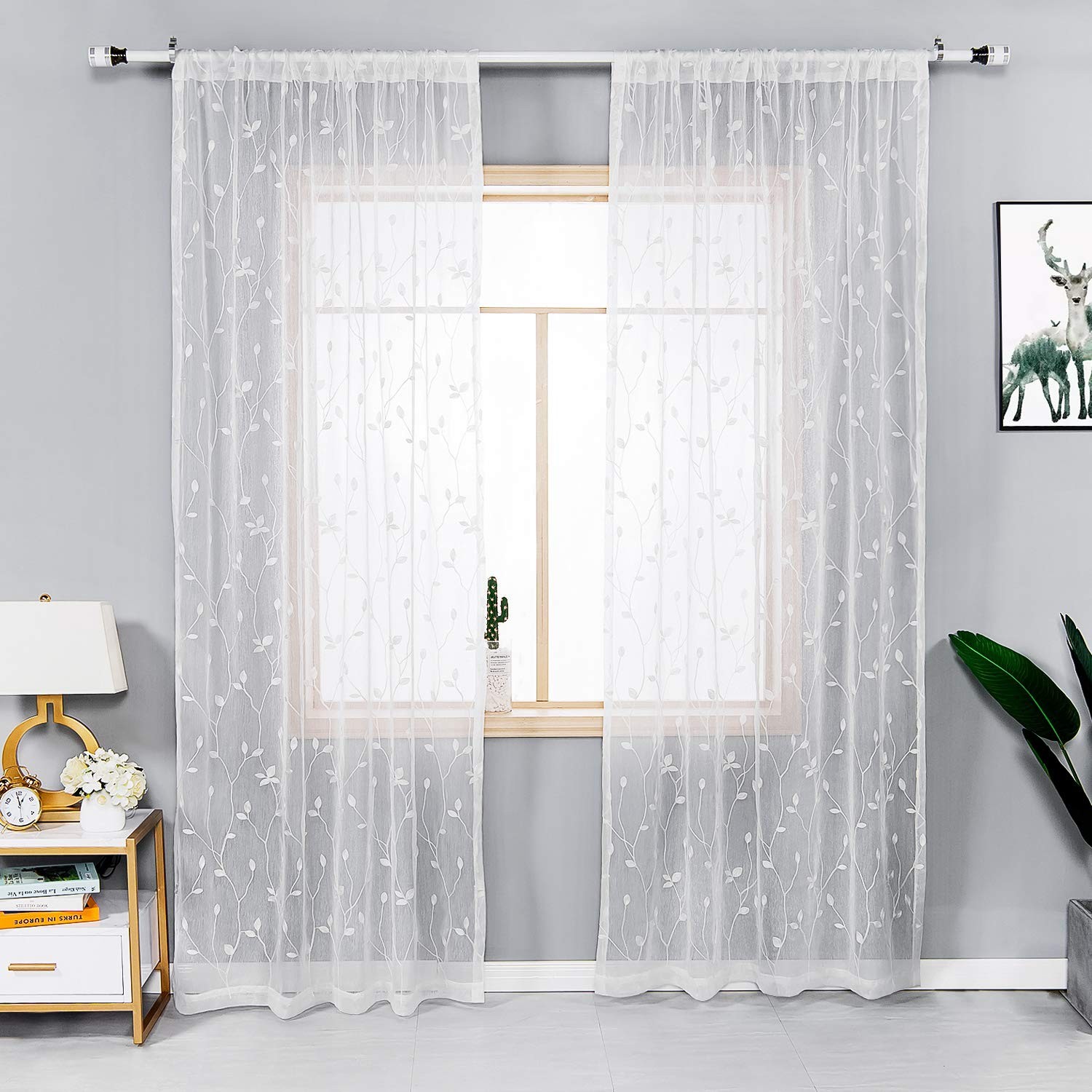2 Panels Embroidered Leaf Pattern Semi Sheer Curtains Foliage Floral Voile Wi…