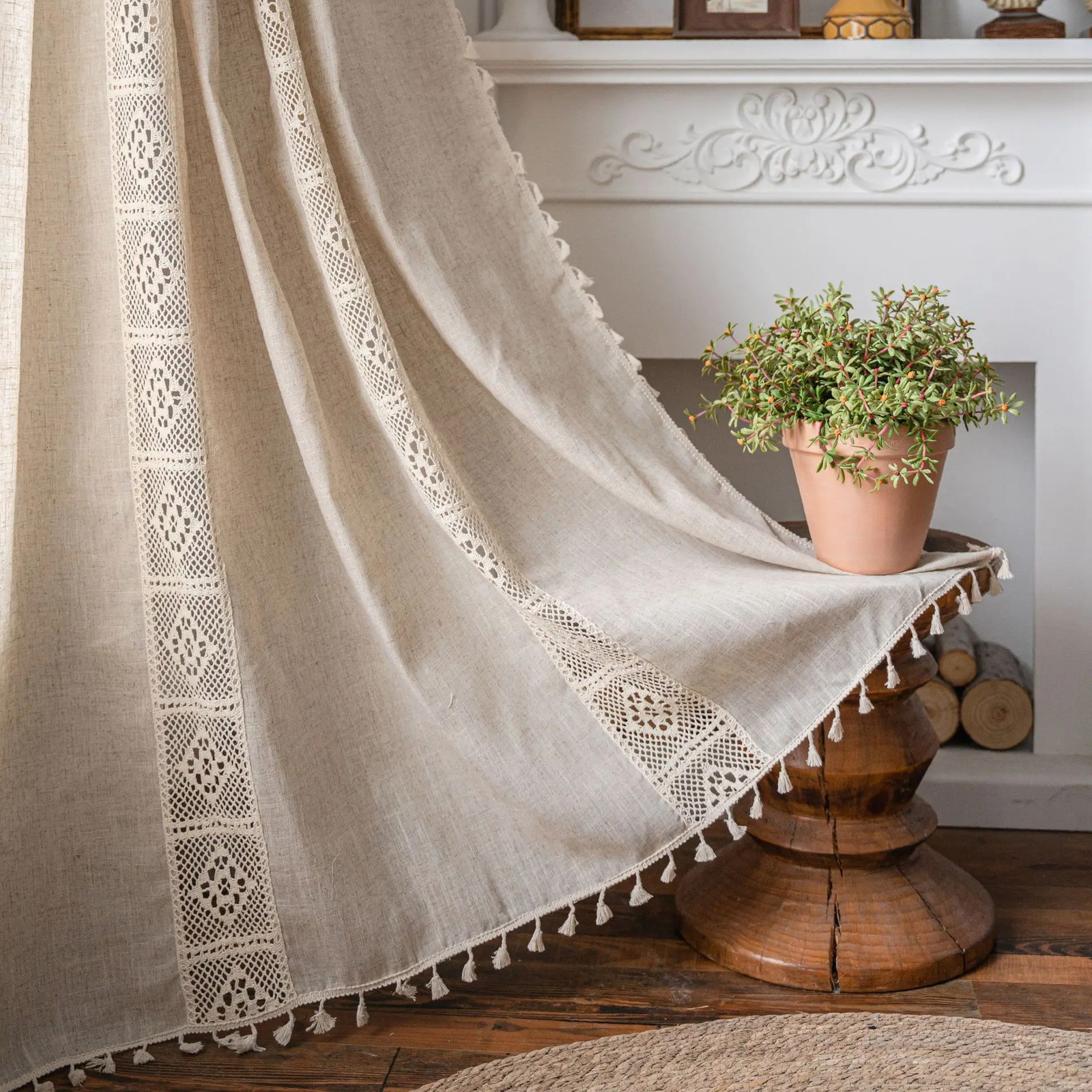 Linen Semi Blackout Curtain 1 Panel Handmade Cotton Burlap Stitching Lace Tassel