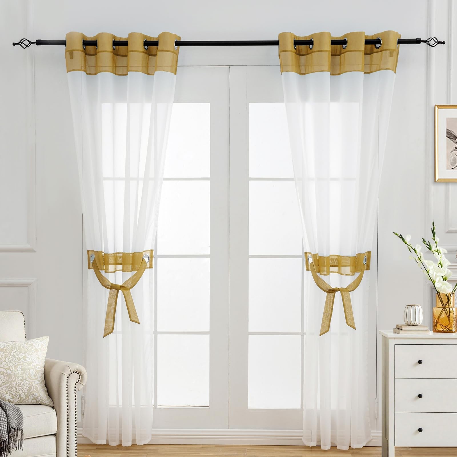 Gold and White Sheer Curtains 108 Inches Long 2 Panels Set for Living Room Be…