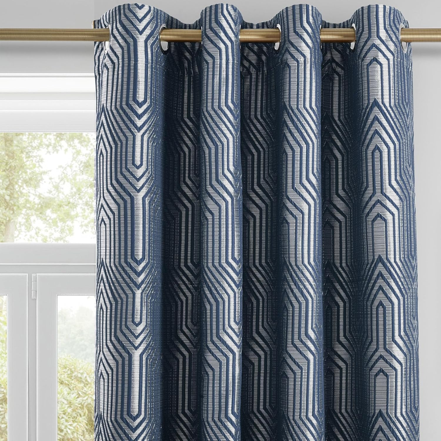 Indigo Blue Geometric Blackout Curtains, 52×96, Thermal Insulated Drapes