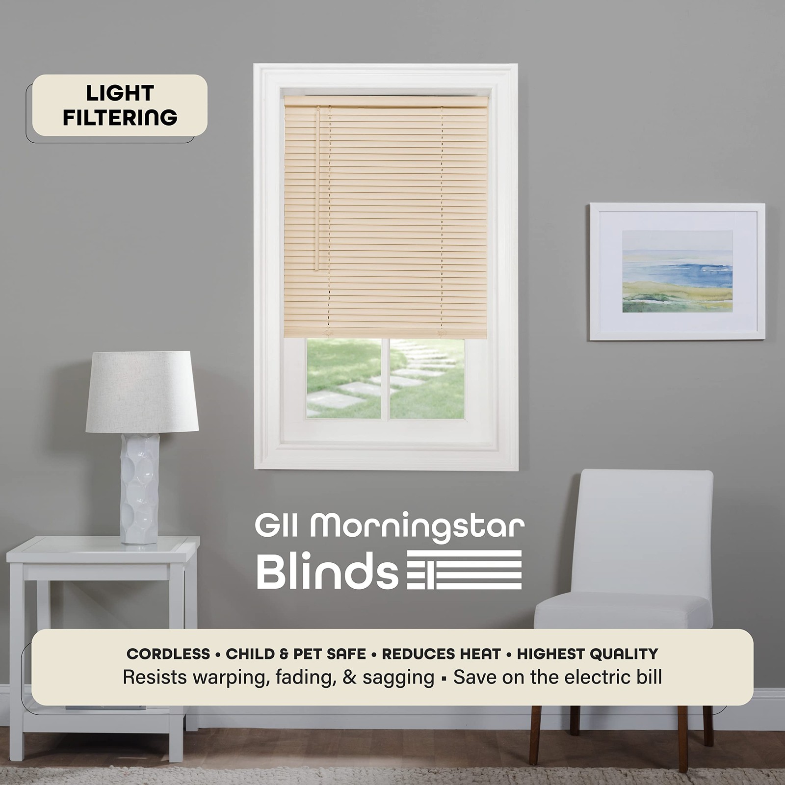 Cordless Light Filtering Mini Blind – 27 Inch Width, 27″W x 64″H, Alabaster