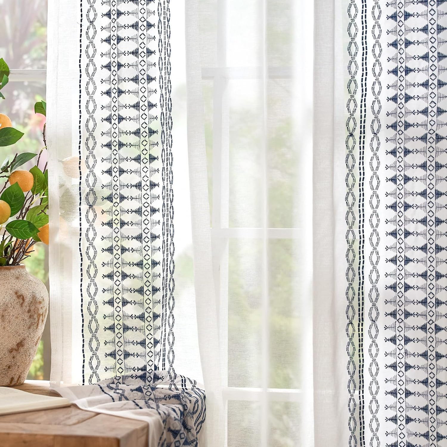 jinchan Sheer Curtains for Living Room Bedroom Boho Blue Curtains Embroidered Bo