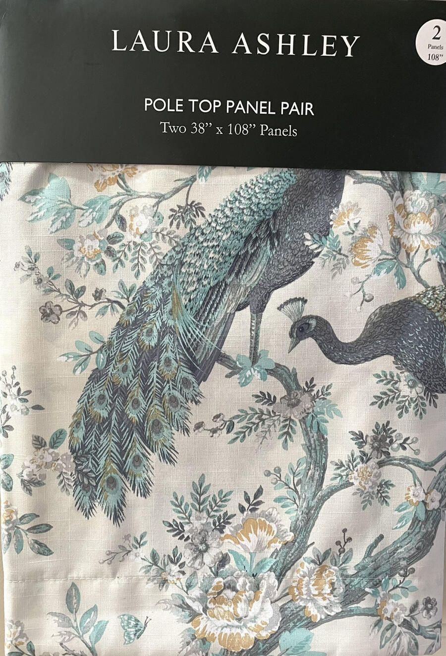 NEW~Set of 2~Laura Ashley Belvedere Peacock Curtains~Panels~Ivory~Teal~38×96