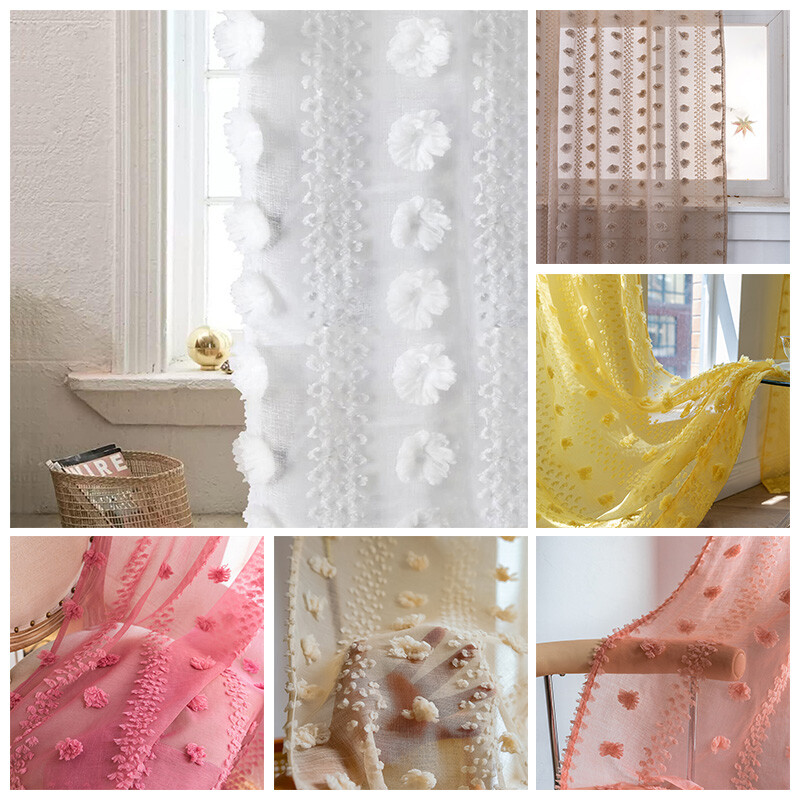 Bohemian Tufted Floral Curtains Moroccan Living Room Bedroom Sheer Tulle Curtain