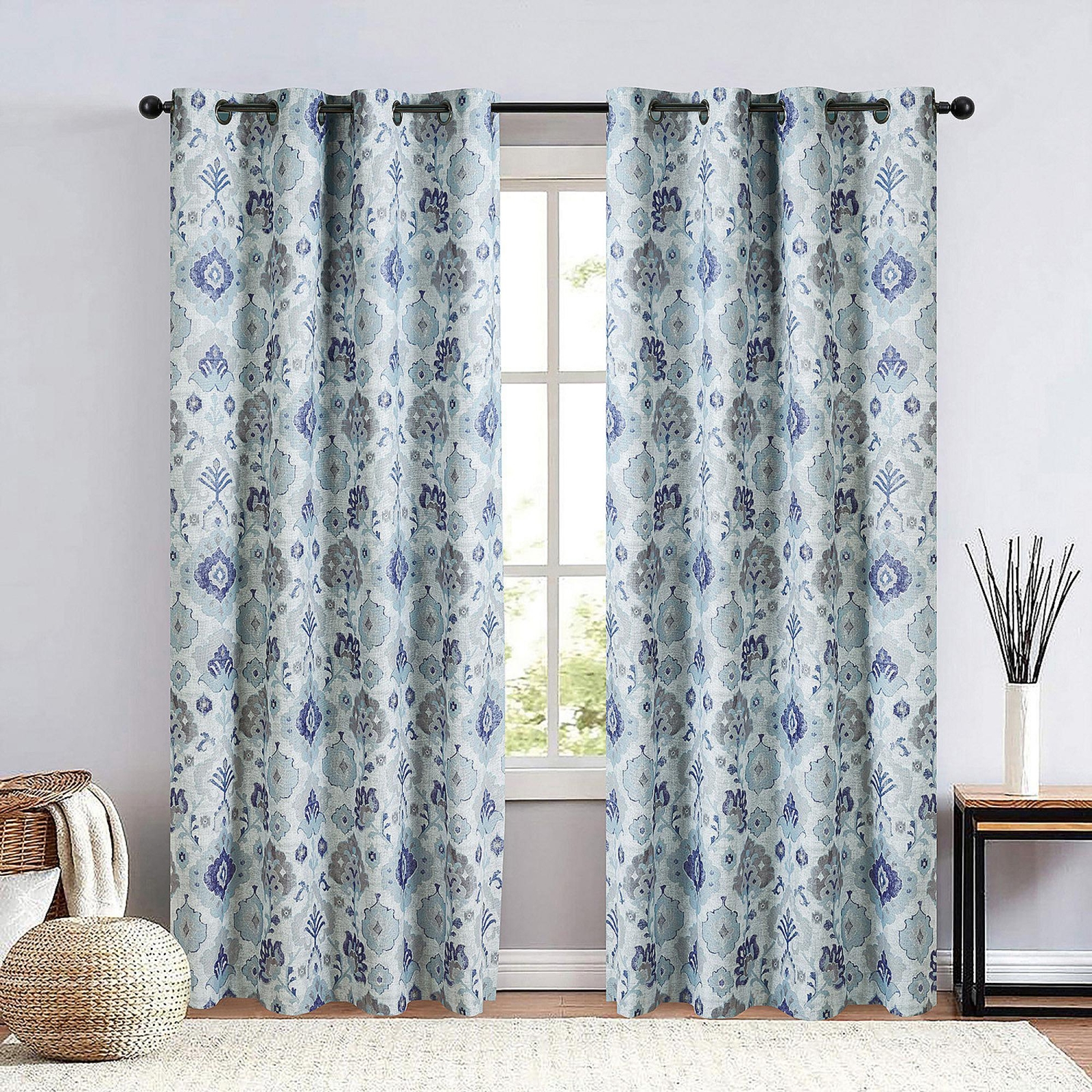 max Blackout Baylor Print Grommet Top Single Curtain Panel Blue Floral 50″ x 84″