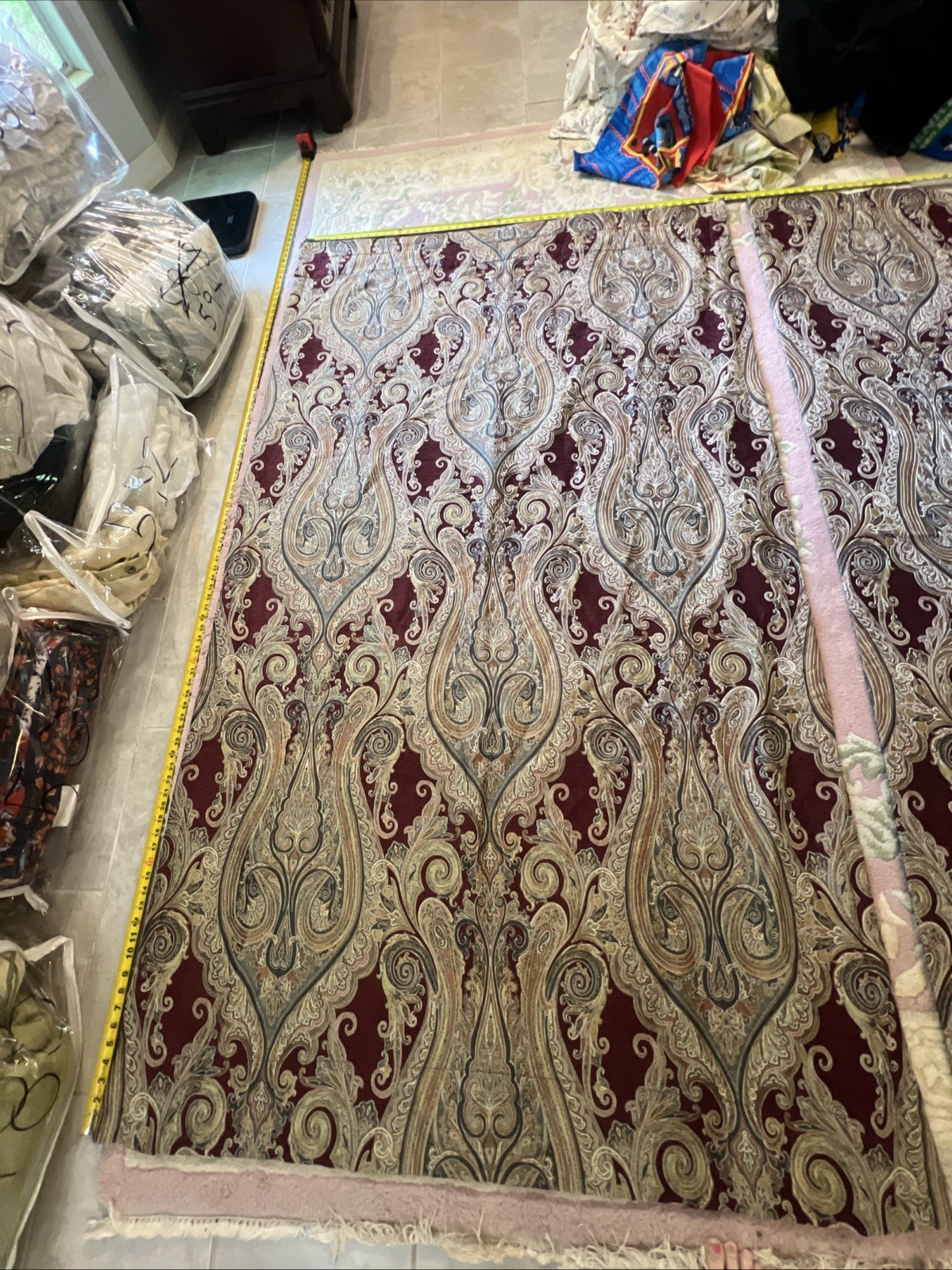 2 J. Queen Curtain Panels Maroon Blue Tan Paisley Swirls 85”x49” Lined Weighted