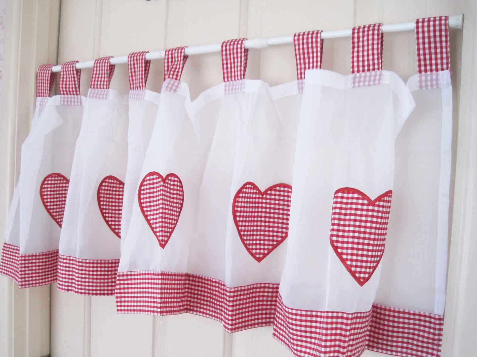 Clearance 50%OFF Red White Gingham Heart Applique Embroidery Tape Sheer Curtain
