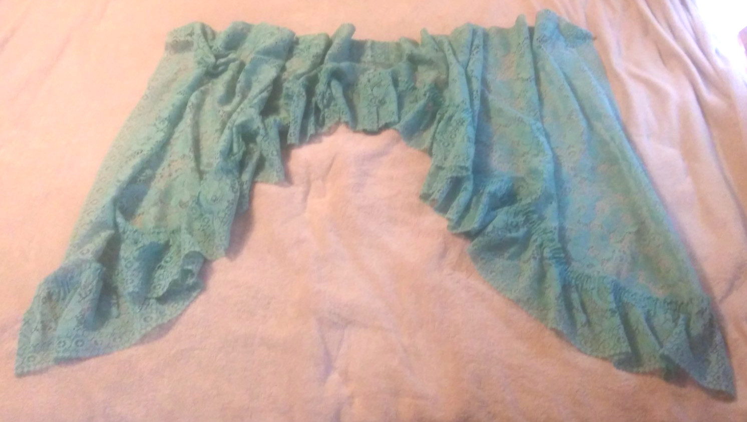 Vintage Green/Aqua Lace Ruffled Floral Design Swag Curtain Set of 2~78″ x 37″