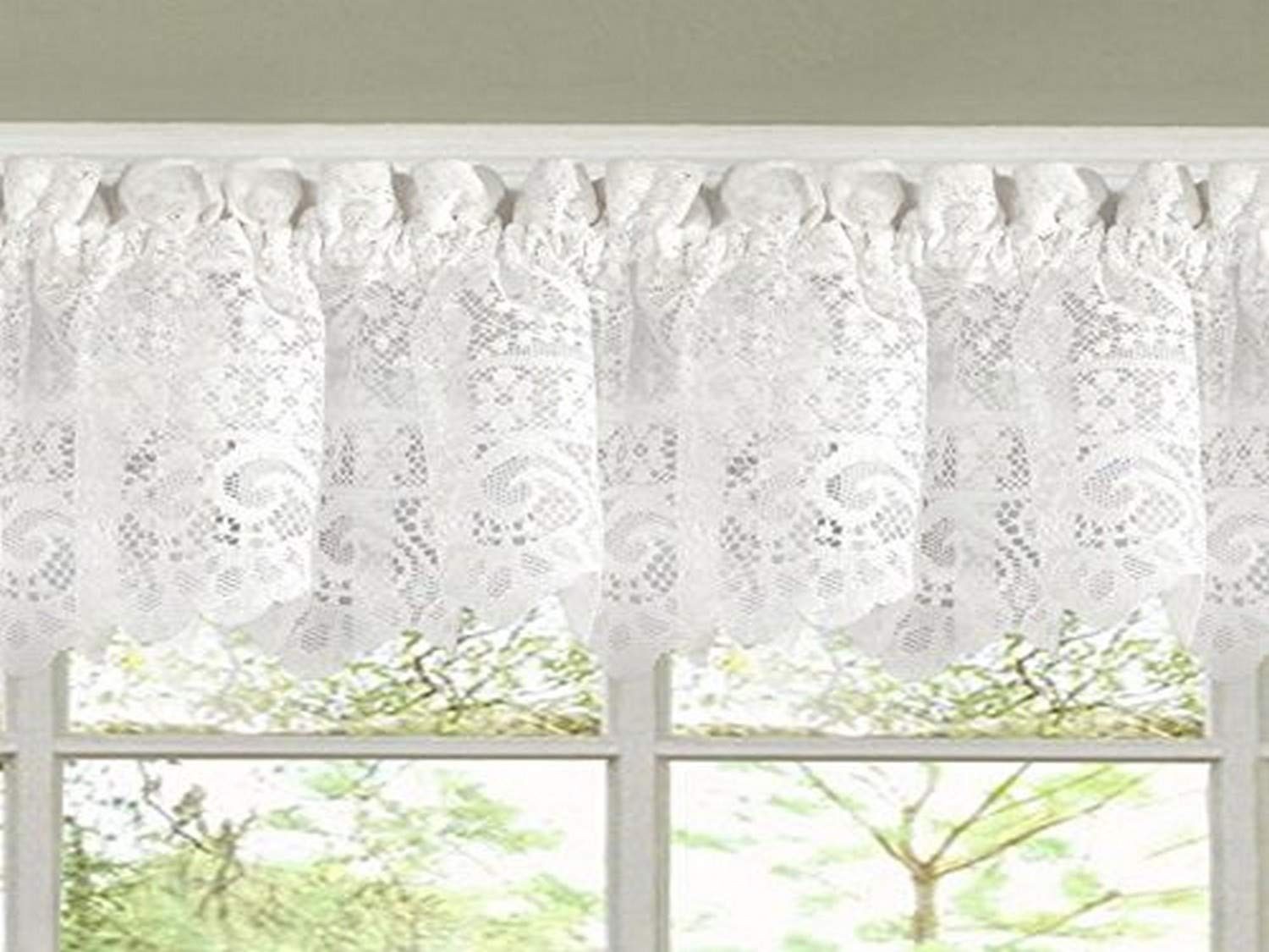 Old World Style Floral Heavy Lace Kitchen Curtain Valance, Hopewell White