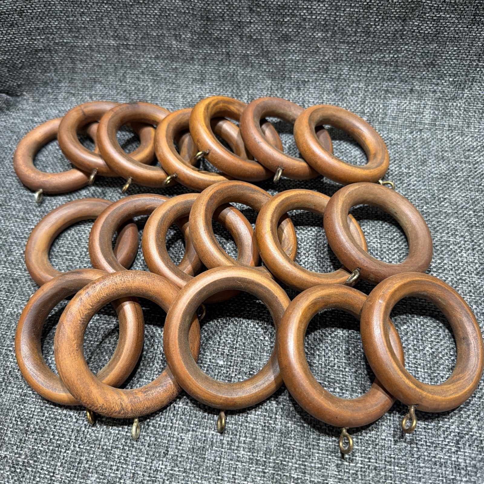 Lot Of 18 Vintage 2.5”￼ Wooden Curtain Drapery Rings Hooks Eye Screw Brown 70’s