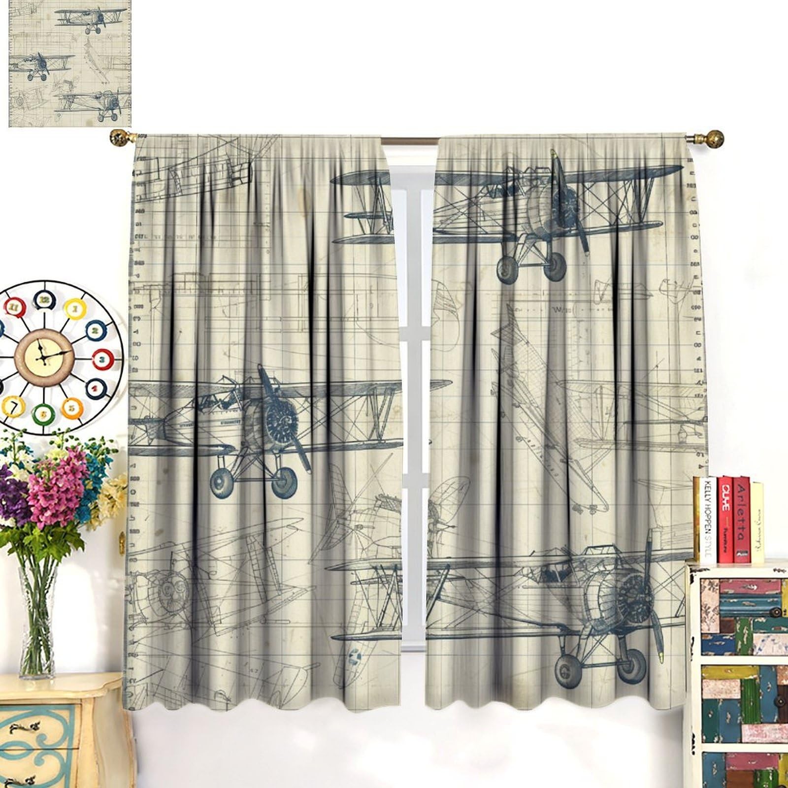 Old Airplane Art Deco Blackout Curtains for Bedroom/Living Room, Aircraft Pri…