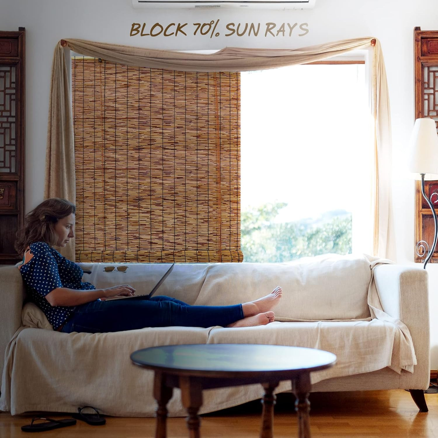 Bamboo Roll-Up Shade,2 Pack Roller Shutters Retro Curtains,47″ W X 71″ H Window