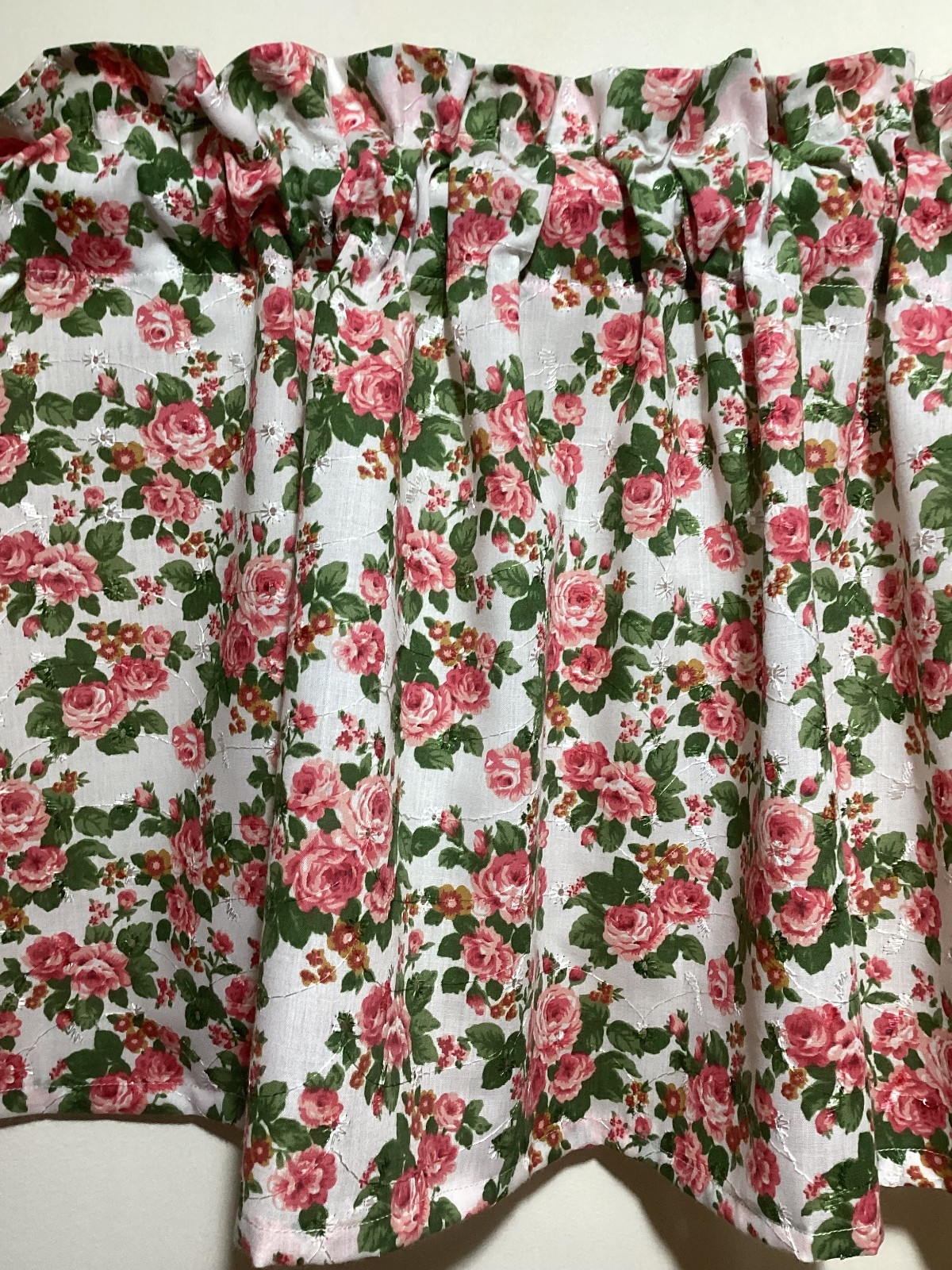 Handmade Large Pink Rose Eyelet Poly/ Cotton Valance, 42 X 15 INCHES