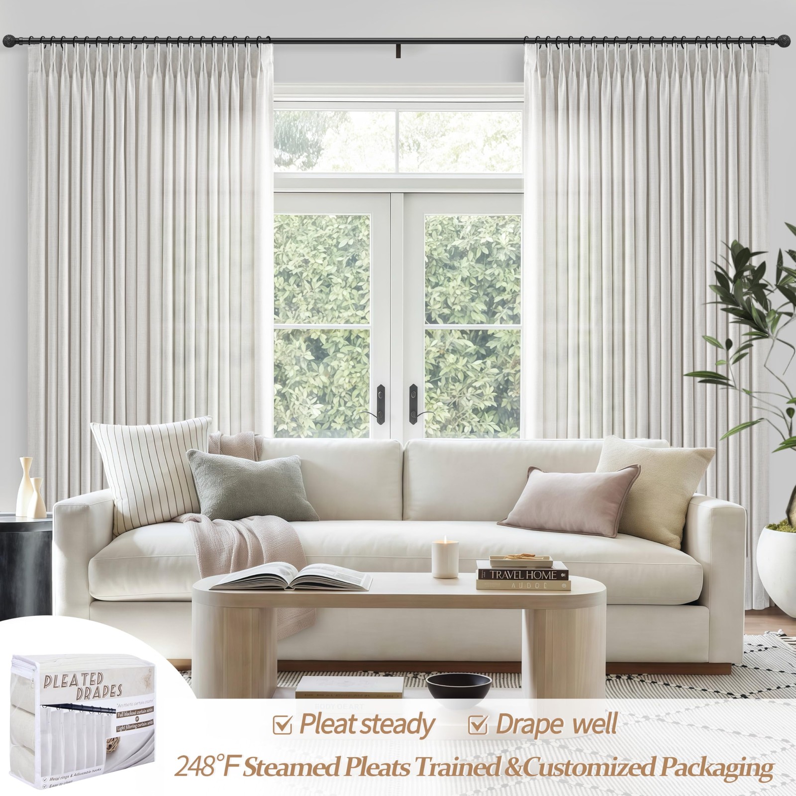 PleatedDrapes Beige White Sheer Linen Curtains 96 Inches Long for Bedroom, Ne…