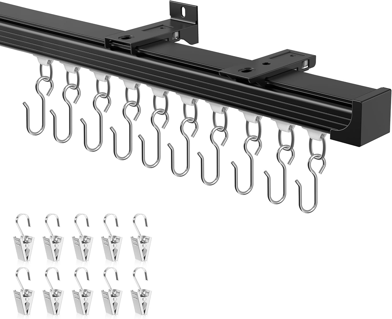 Heavy Duty Black Ceiling Curtain Track 15-18 Ft with 60 Rollers & Hooks