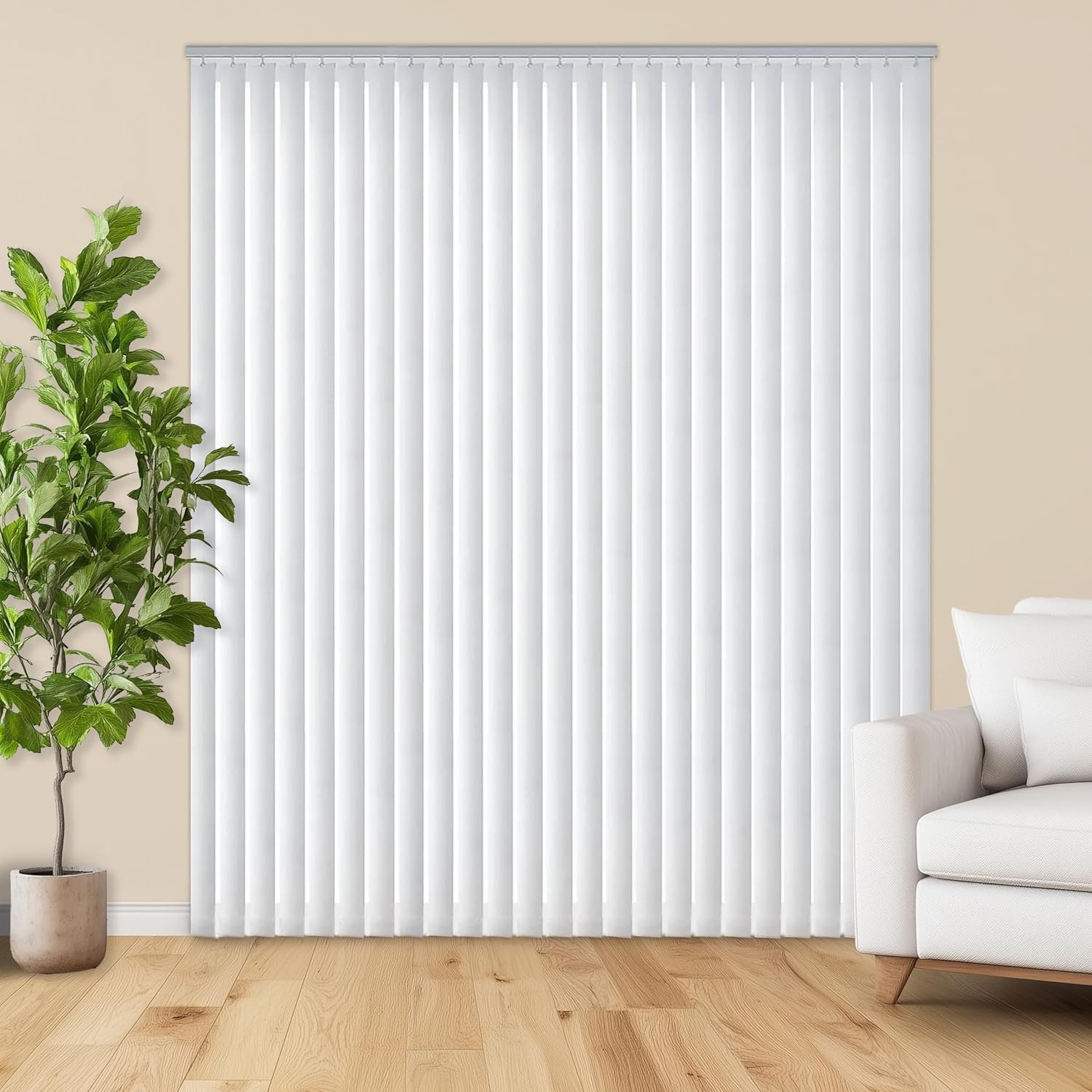 Vertical Hard Window Patio Blinds – White, 84″ L x 78″ W Plain & 3-1/2-Inch Vane