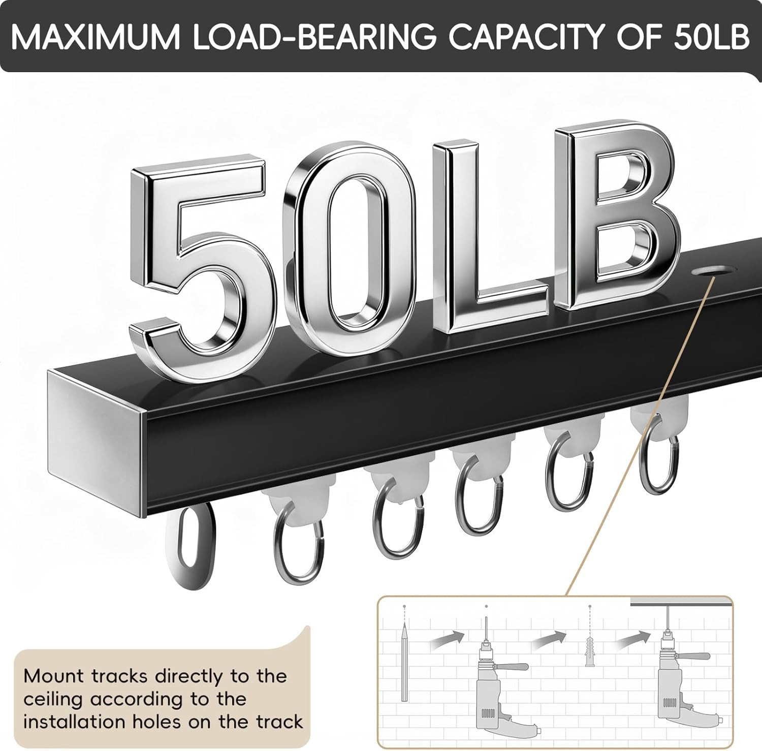 Ceiling Curtain Track, Curtain Track with Roller Hooks, 12Ft – 15Ft Ceiling Moun