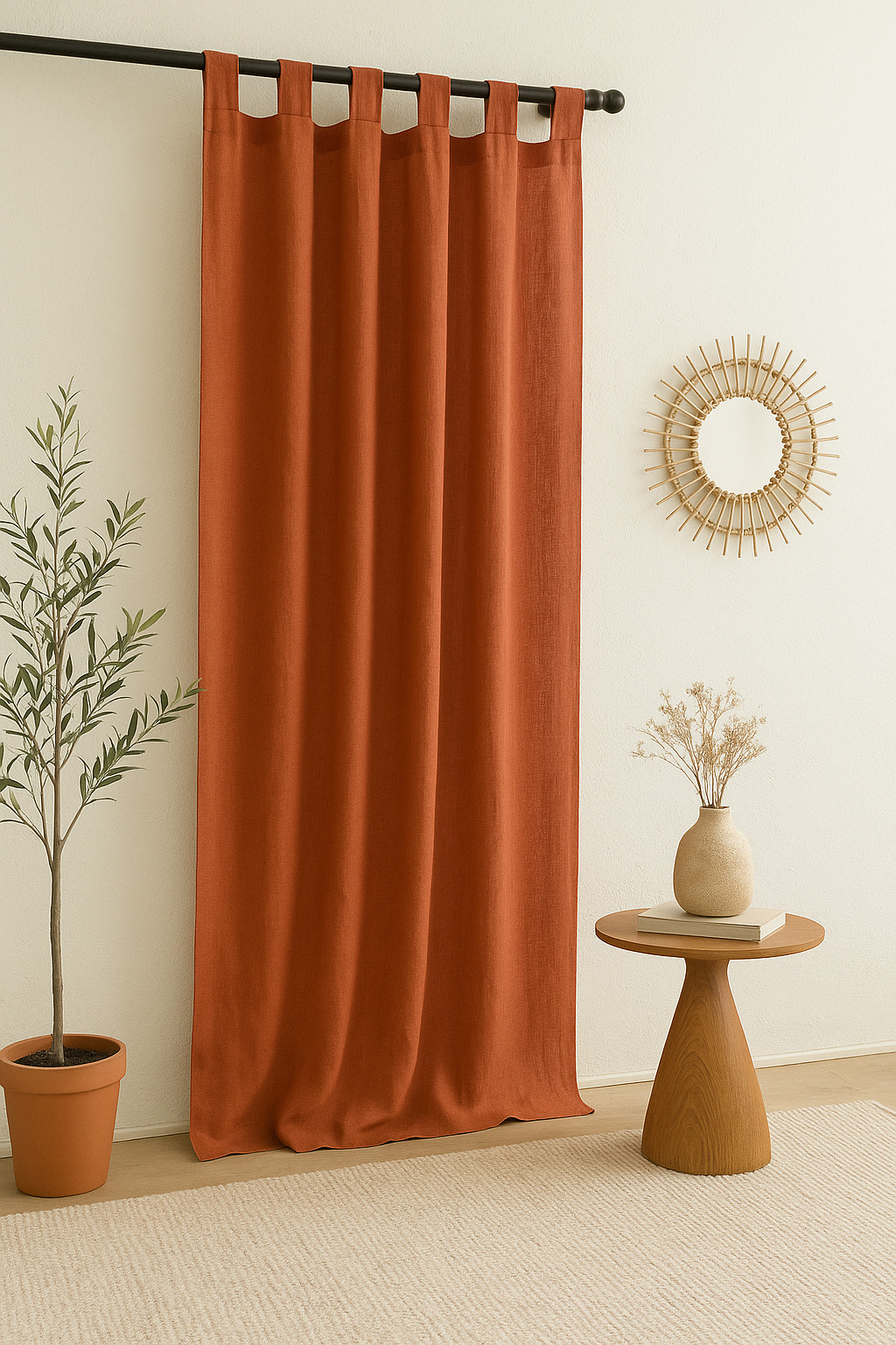 Rust Linen Curtain for Living Room Boho Handmade Window Drape Panel Home Décor