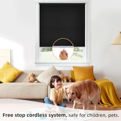 Cordless Free-Stop 100%out Blinds for Windows, Roller 22″W x 72″H Black