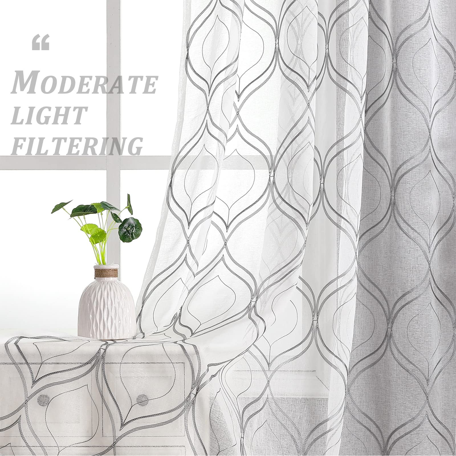VISIONTEX Moroccan Embroidered Trellis White Sheer Curtains Panels, Damask Textu