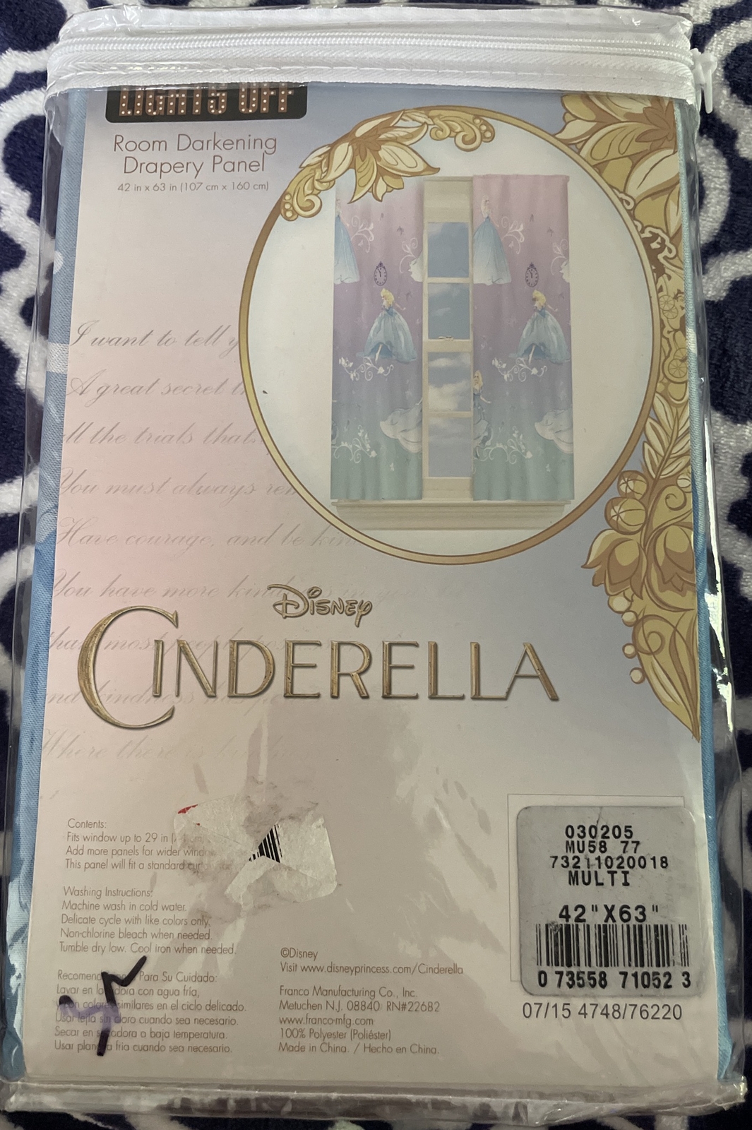 Disney Princess Cinderella Room Darkening Curtain Panel 42×63 Kids Drapery