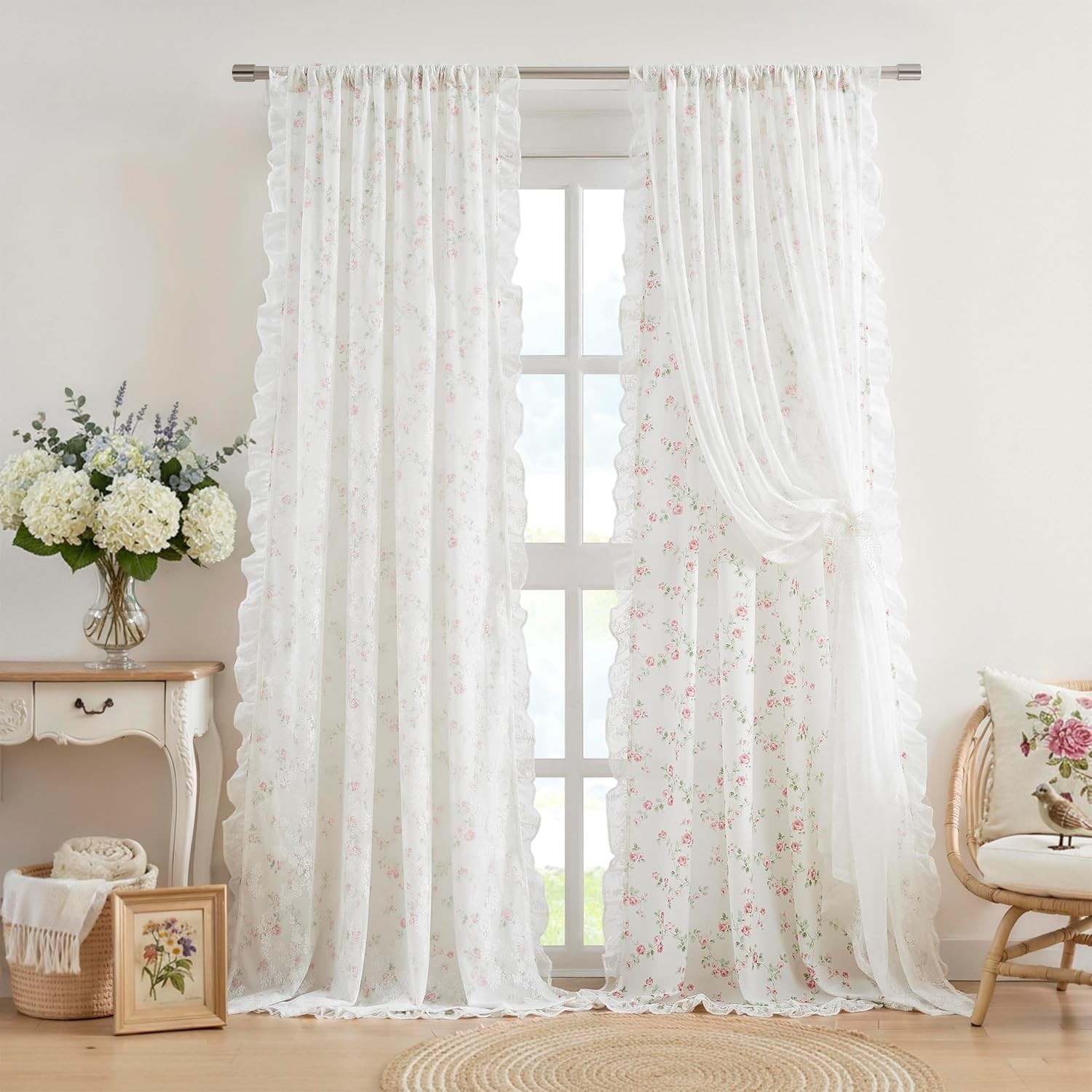 95 Inch Floral Ruffle Curtains for Girls Room,Pink Flower Green Leaf on White