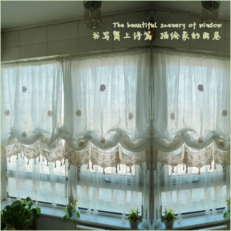 Pastoral Adjustable Shade Balloon Curtain Combined Hand Crochet White 1 Panel