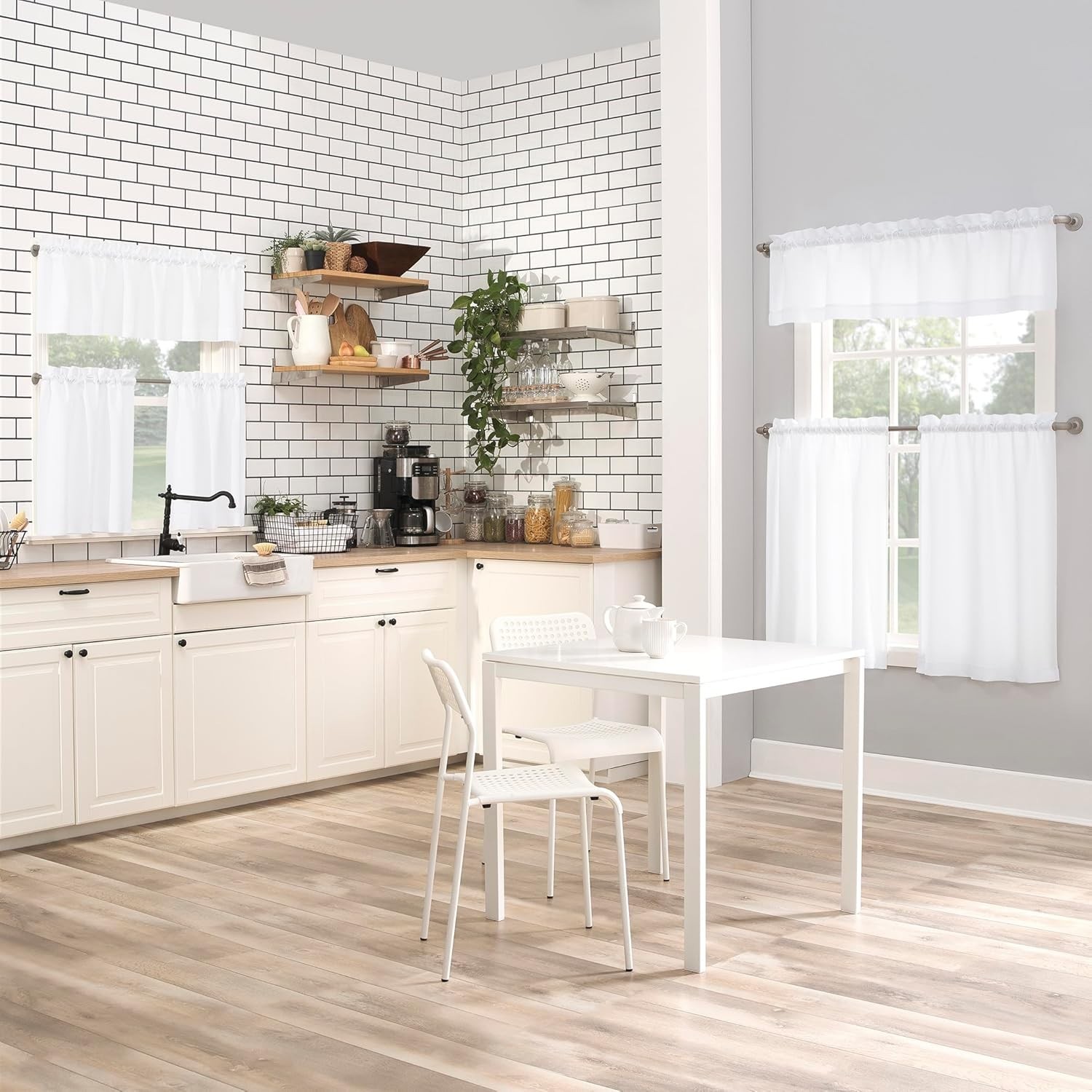 Martine Semi-Sheer Microfiber Kitchen Curtain Set, 54” x 36”, White Elegance