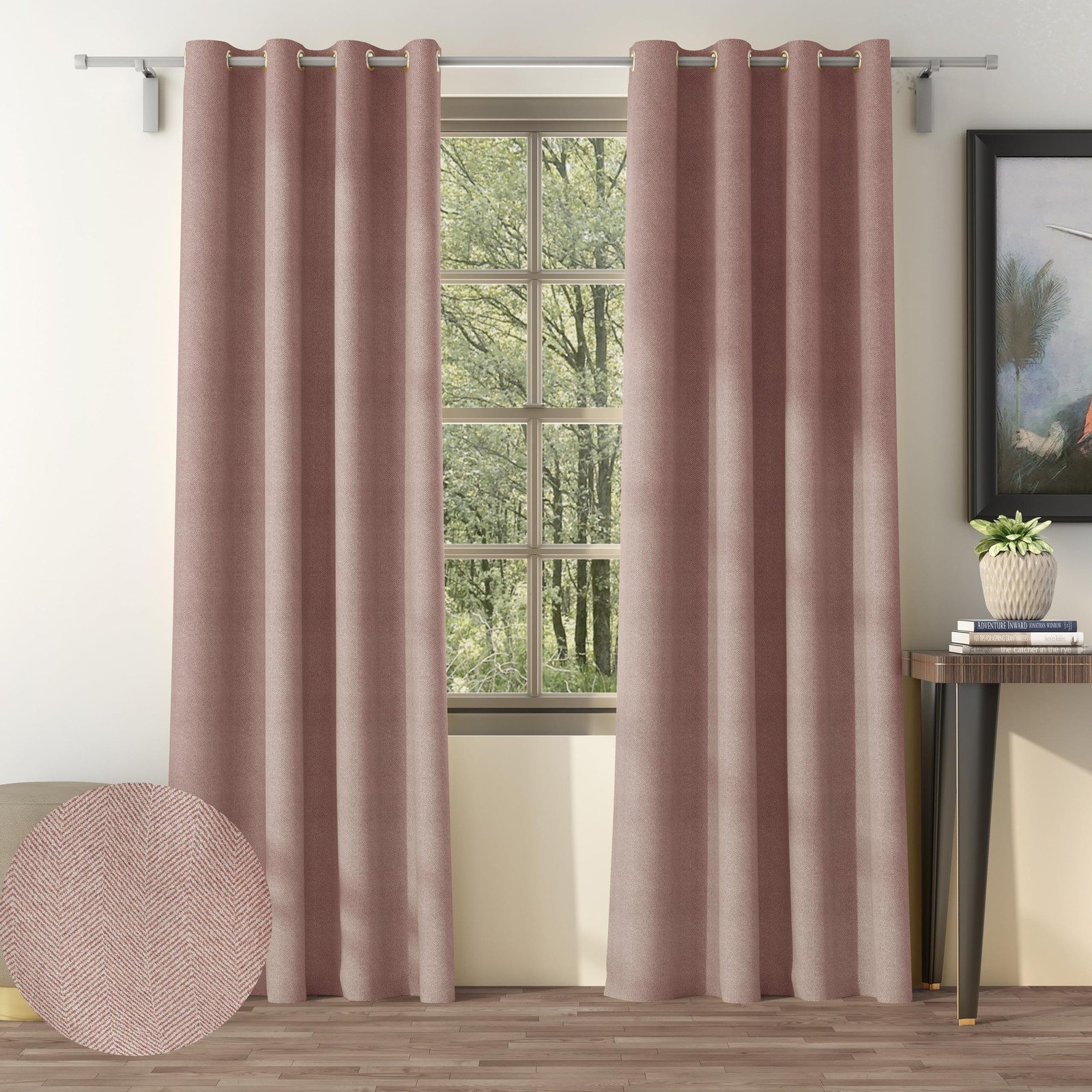 Casableu Herringbone Texture 2 Piece Polyester Eyelets Steel Curtains Tie Back