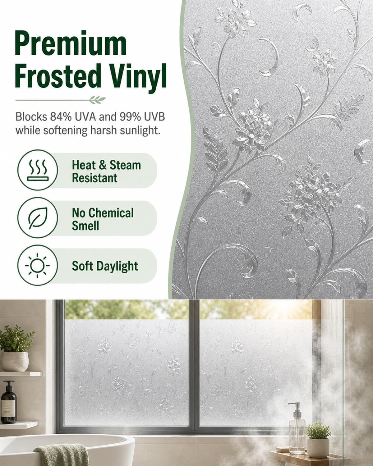 Privacy Window Film with Decorative Vine Pattern – 17.7” x 78.7” Static Cling