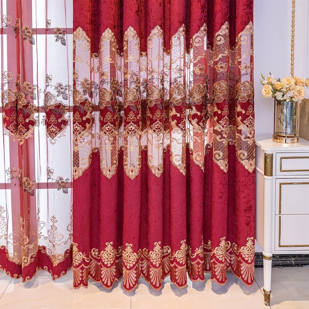 Elkca European Style Festival Burgundy Red Embroidered Chenille Curtain For