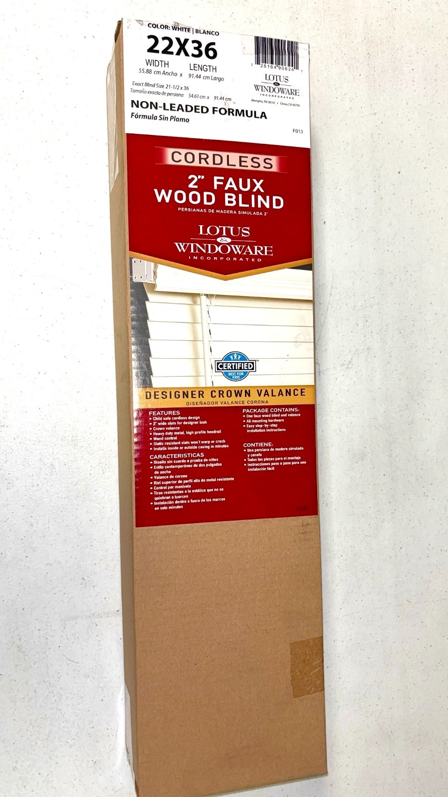 LOTUS & WINDOWARE Cordless 2-inchFaux Wood Blind 22″ Wide x 36″ Long
