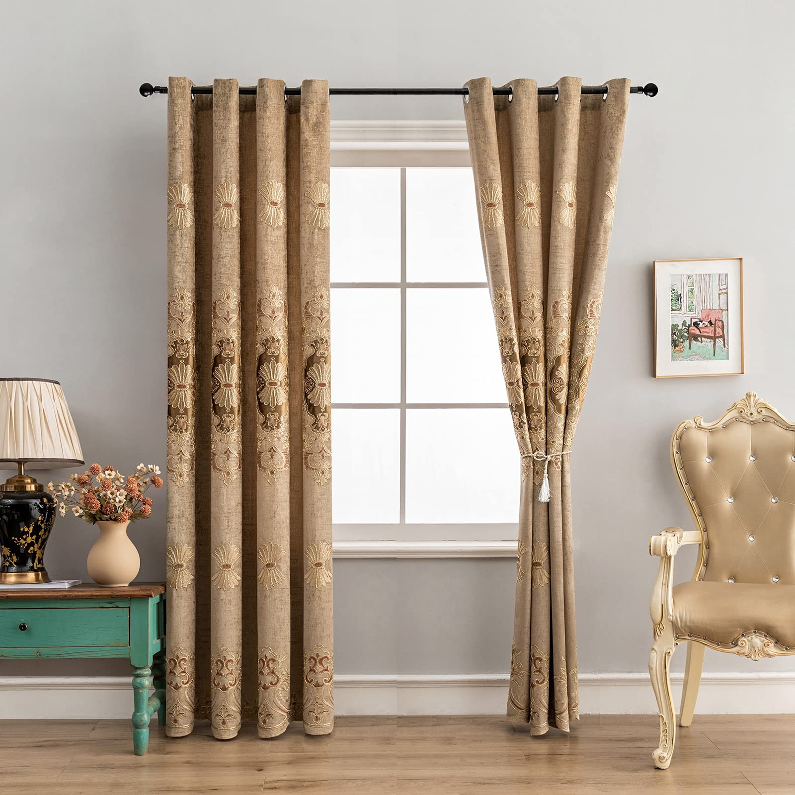 Elkca Coffee Chenille Curtain Classical Embroidered Pattern For Living Room