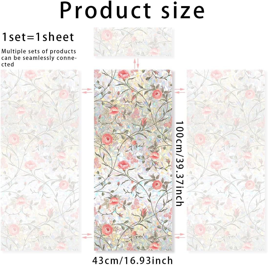 15.75 x 40 inches Window Privacy Film Rainbow Rose Floral 3D Decorative Vinyl