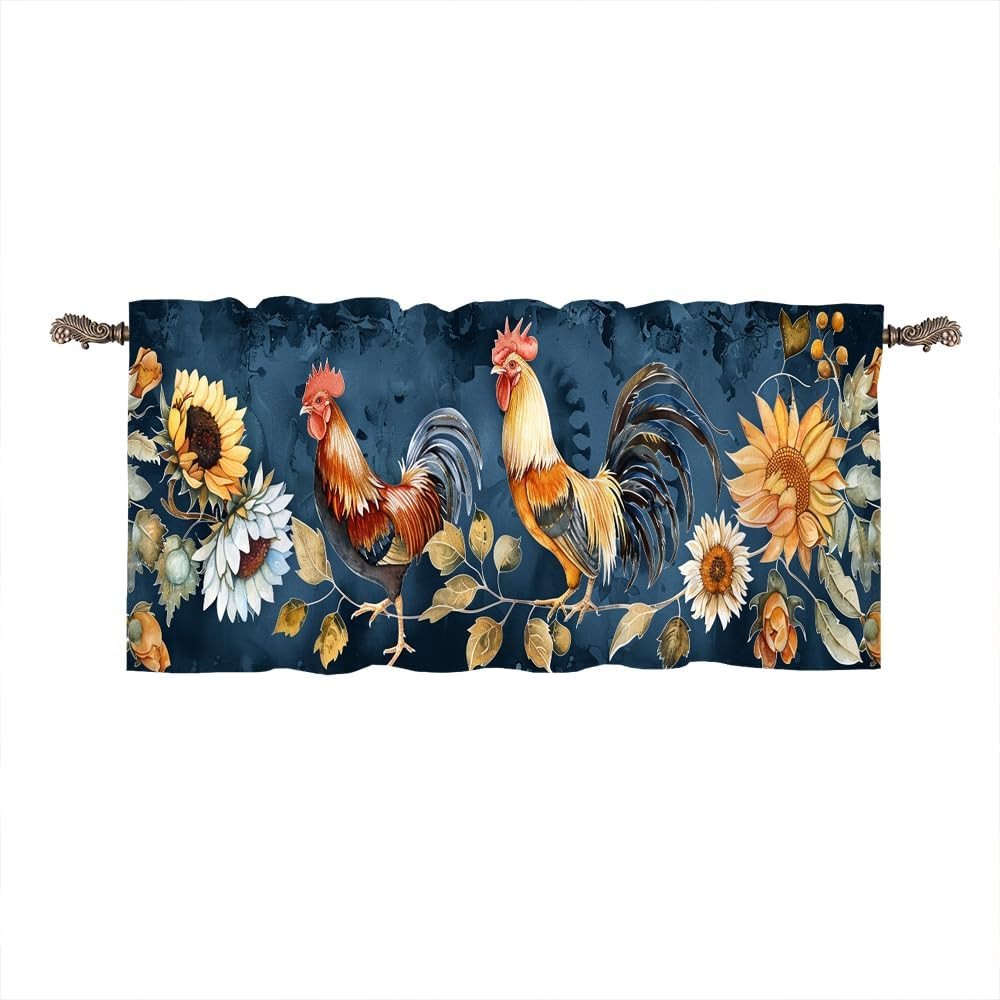 1 Panel Retro Rustic Rooster Kitchen Valance Curtains for Windows, Glam Colorful