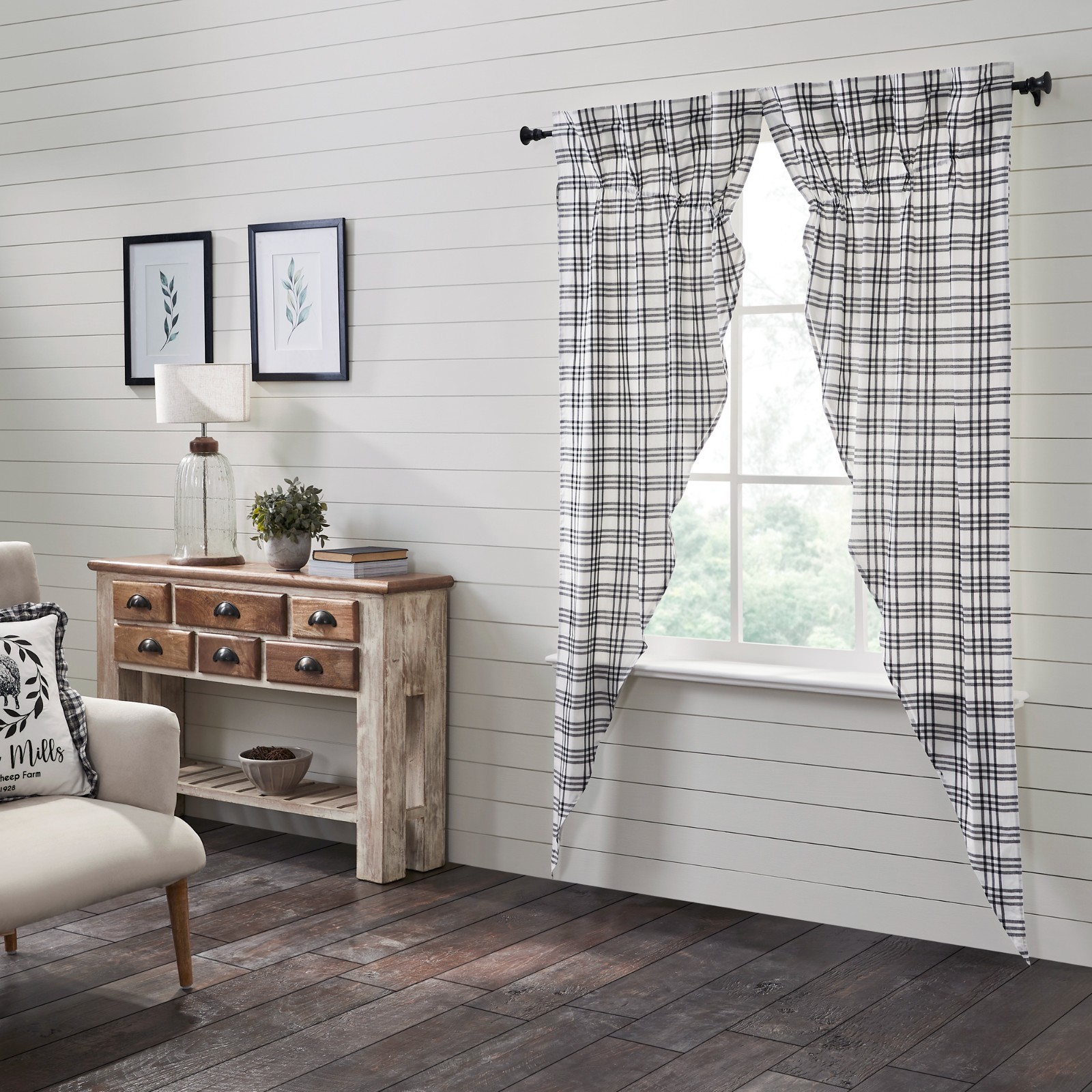 Sawyer Mill Black White Plaid Lined Country Gathered Long Prairie Curtains