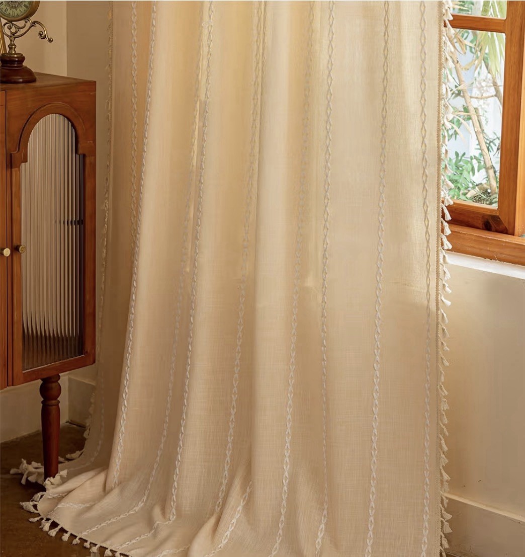 Boho Curtains Linen Farmhouse Shabby Chic 4 Panels 52″ W x 72″ L, Champagne