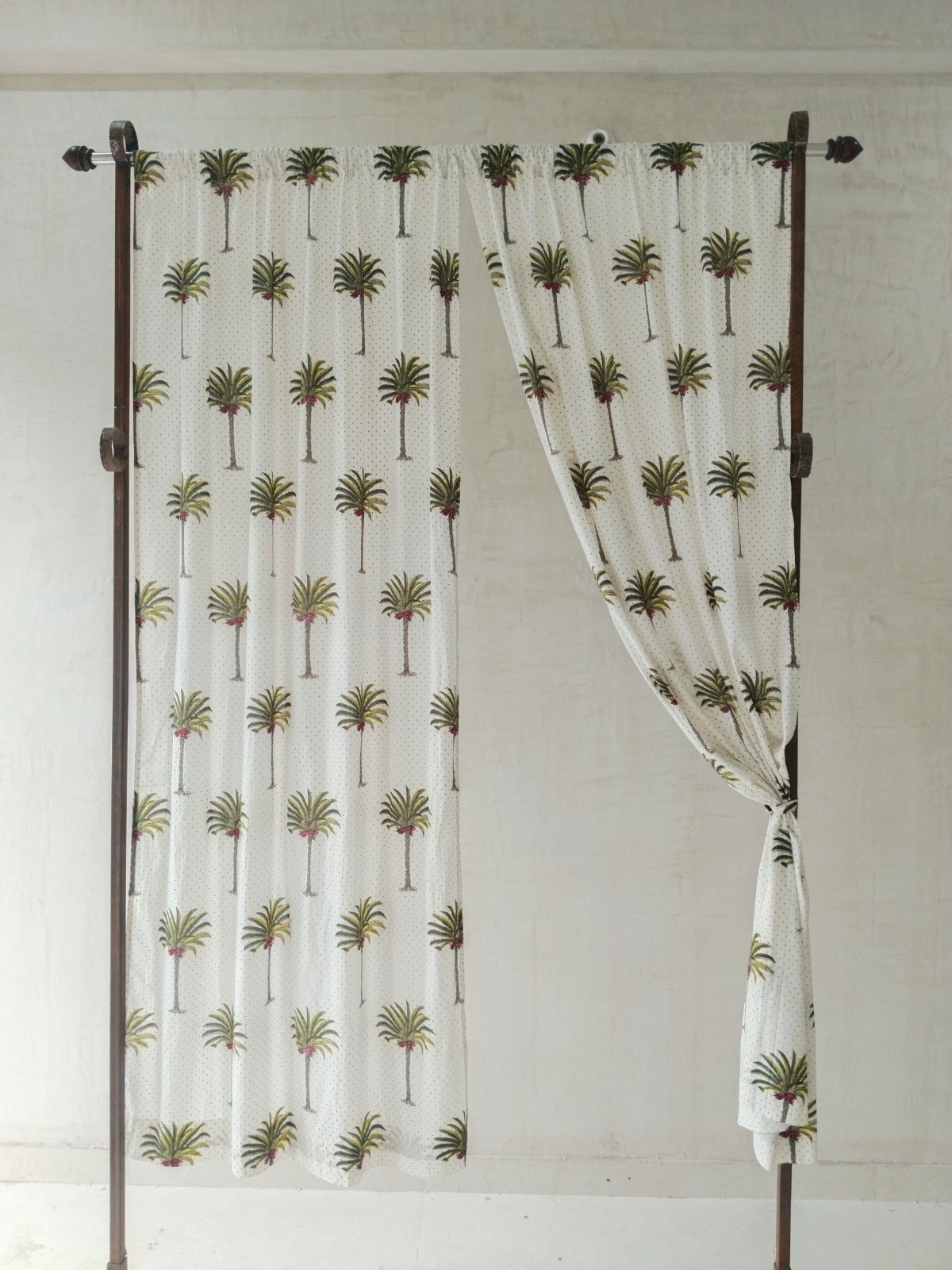 Palm Tree Print Cotton Curtains | Semi-Sheer Set of 2 Panels | Tropical Window