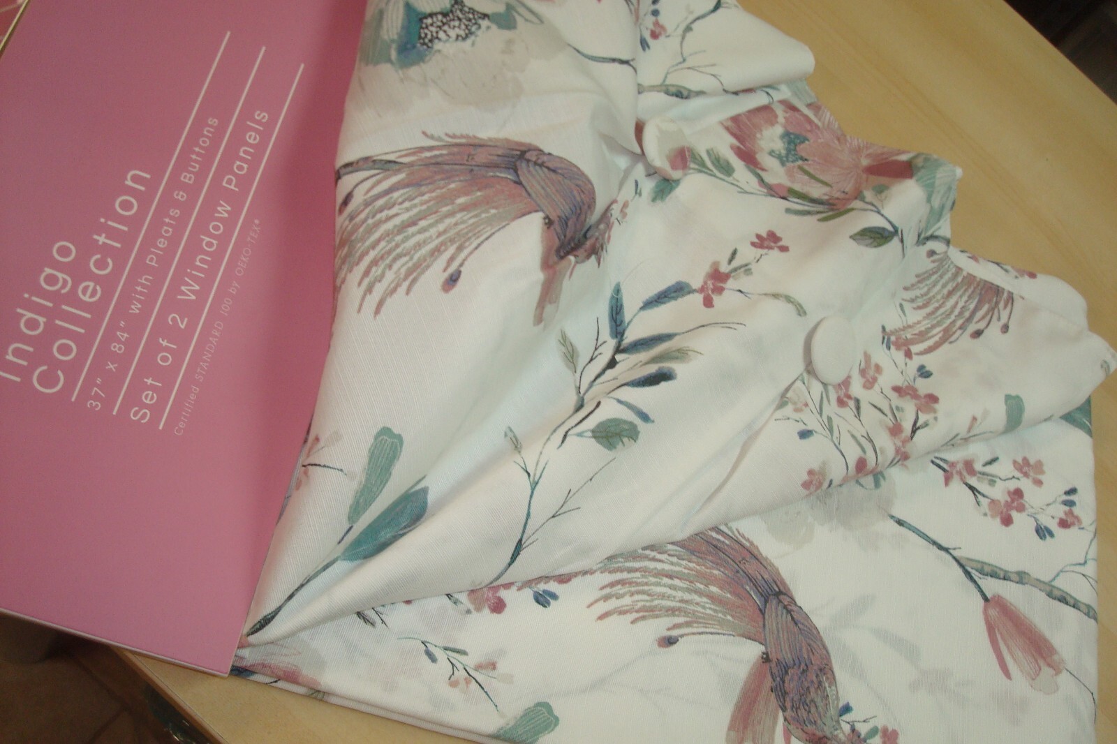 NWT Indigo Window Panels Drapes Peacock BIRDS 2 pc Pleated w/ Buttons 84″ lg