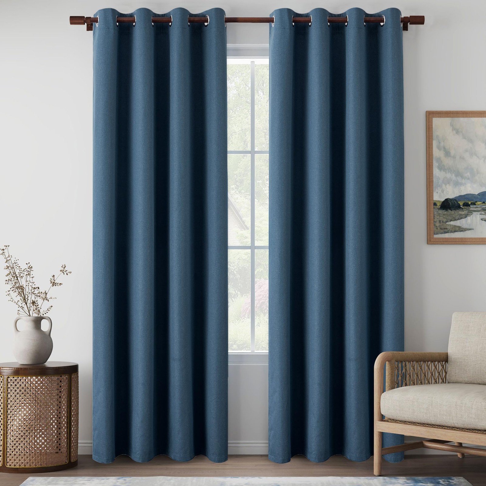 LCOOMZEN Full Blackout Denim Blue Linen Curtains 80 Inch Length 2 Panels