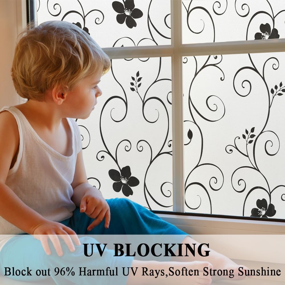 Decorative Window Film,Black Flower Static Cling Privacy Door Film, Non Adhes…